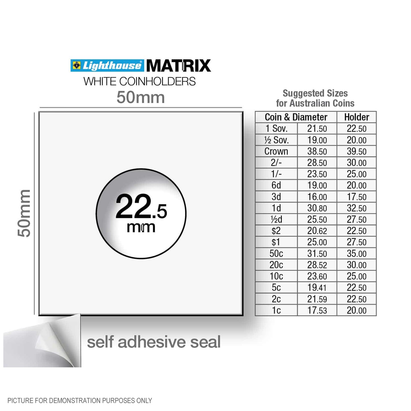 Lighthouse MATRIX WHITE 22.5mm Self Adhesive 2"x2" Coin Holders - Protection for your Coins (Suitable For Australian 2c and $2 Coins)