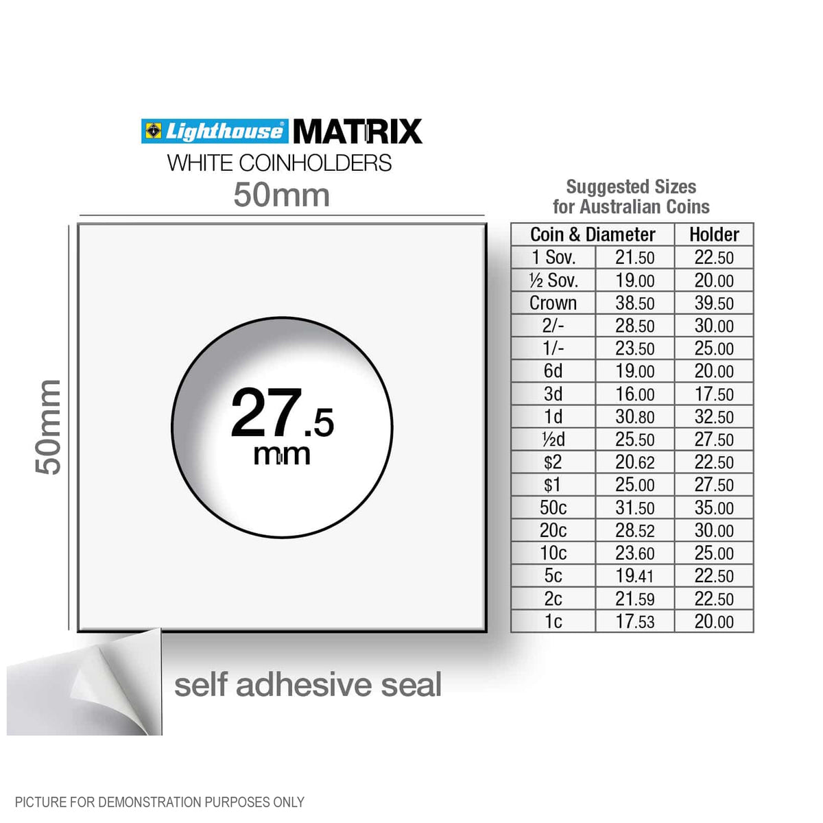Lighthouse MATRIX WHITE 27.5mm Self Adhesive 2"x2" Coin Holders - Protection for your Coins (Suitable For Australian $1 Coins and Half-Pennies)