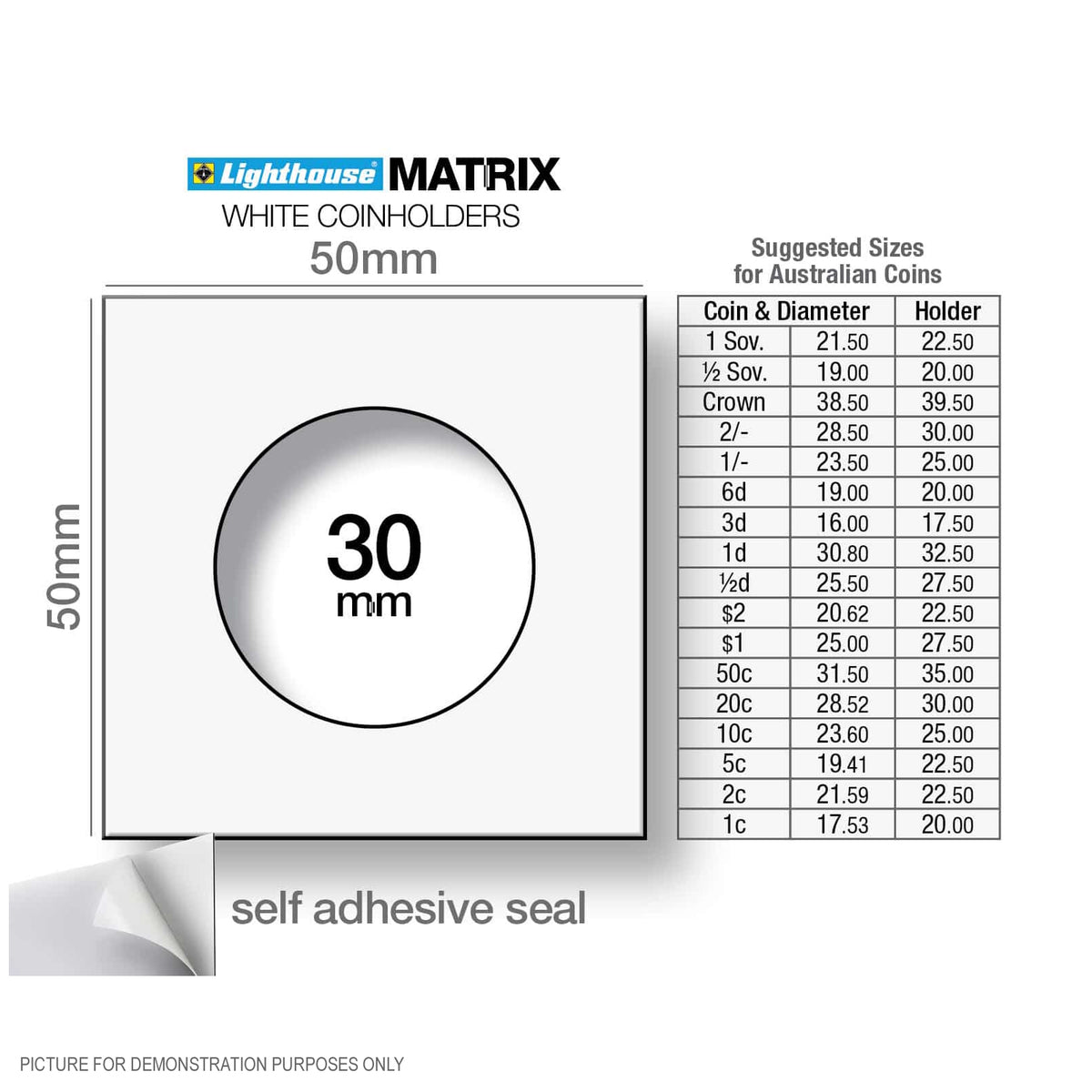 Lighthouse MATRIX WHITE 30mm Self Adhesive 2"x2" Coin Holders - Unboxed x 100 (Suitable For Australian 20c And Florins)