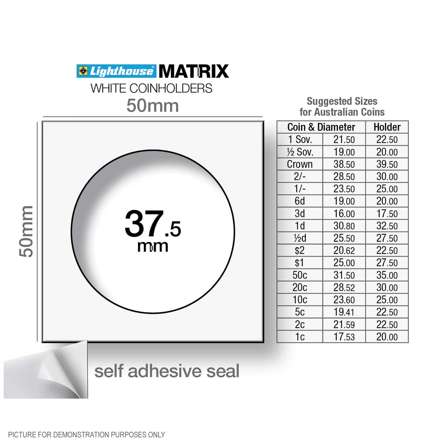 Lighthouse MATRIX WHITE 37.5mm Self Adhesive 2"x2" Coin Holders - Protection for your Coins