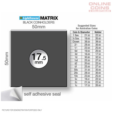 Lighthouse MATRIX BLACK 17.5mm Self Adhesive 2"x2" MATRIX Coin Holders x 25 (Suitable For Australian Threepence Coins)