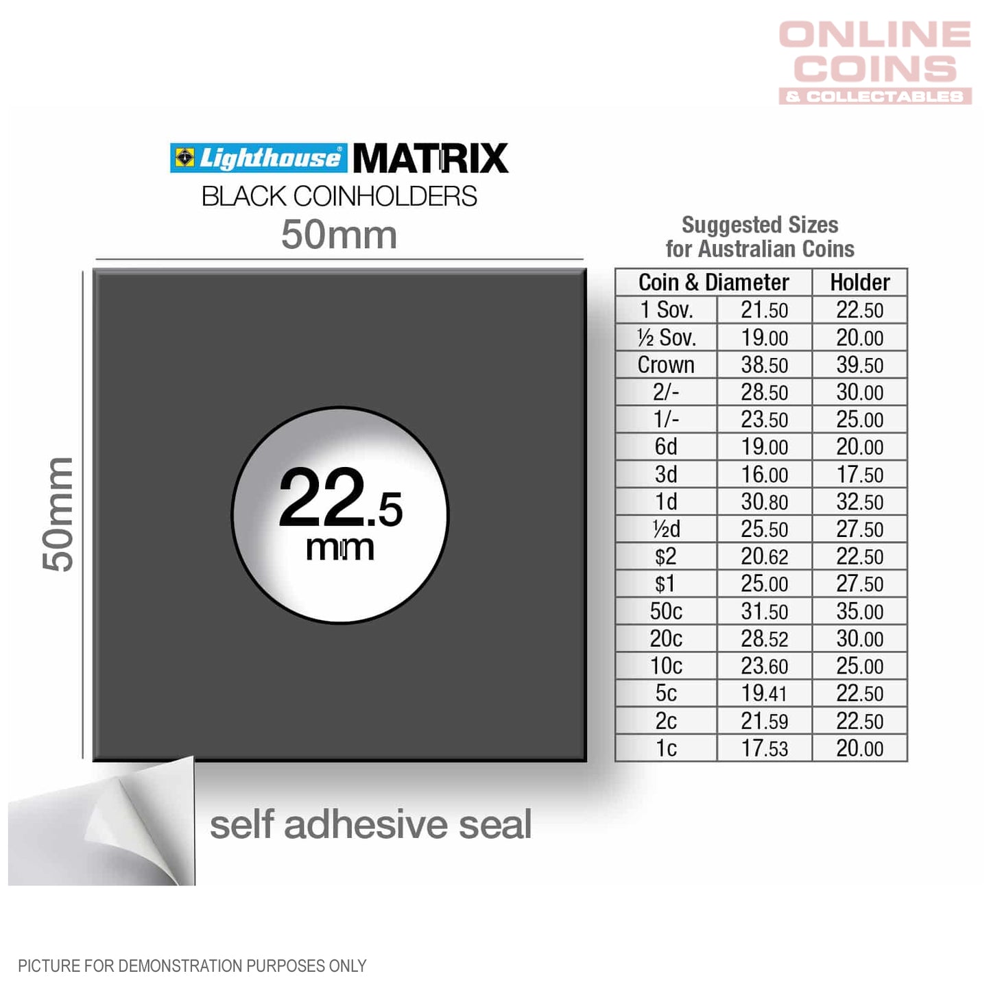 Lighthouse MATRIX BLACK 22.5mm Self Adhesive 2"x2" MATRIX Coin Holders x 25 - 2c & $2