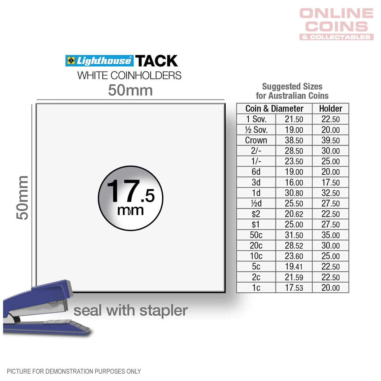 Lighthouse TACK Staple 2 x 2 Coin Holders x 100 - 17.5 mm - Listing is for Pack of 100 (Suitable For Australian Threepence Coins)