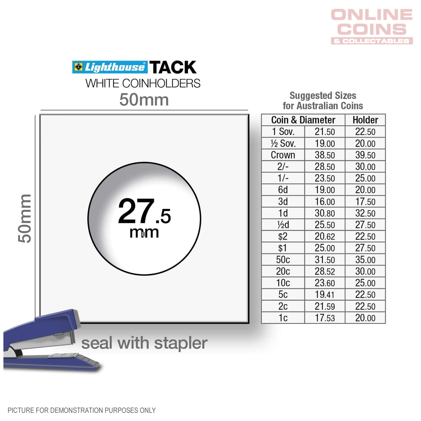 Lighthouse TACK Staple 2 x 2 Coin Holders x 100, 27.5 mm Listing is for Pack of 100 (Suitable For Australian $1 Coins and Half-Pennies)