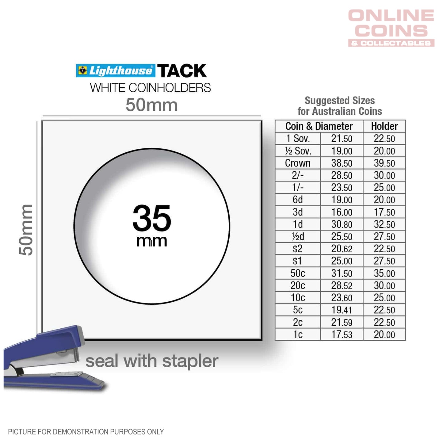 Lighthouse TACK Staple 2 x 2 Coin Holders x 100, 35 mm Listing is for Pack of 100  (Suitable For Standard Australian 50c Coins)