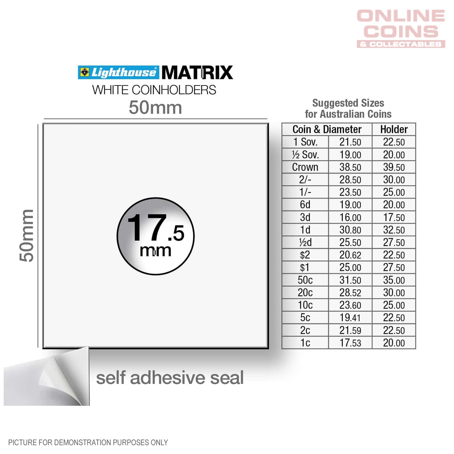 Lighthouse MATRIX WHITE 17.5mm Self Adhesive 2"x2" Coin Holders - Protection for your Coins (Suitable For Australian Threepence Coins)