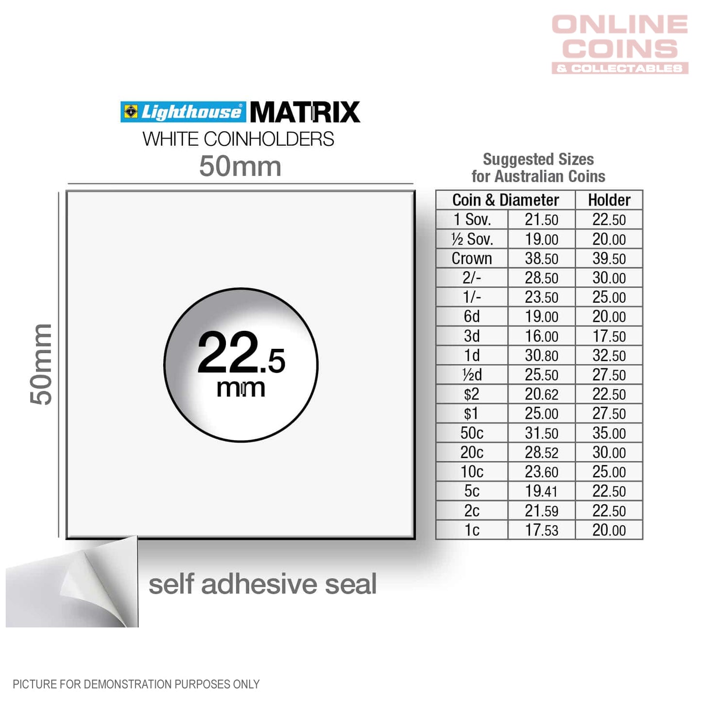 Lighthouse MATRIX WHITE 22.5mm Self Adhesive 2"x2" Coin Holders - Protection for your Coins (Suitable For Australian 2c and $2 Coins)
