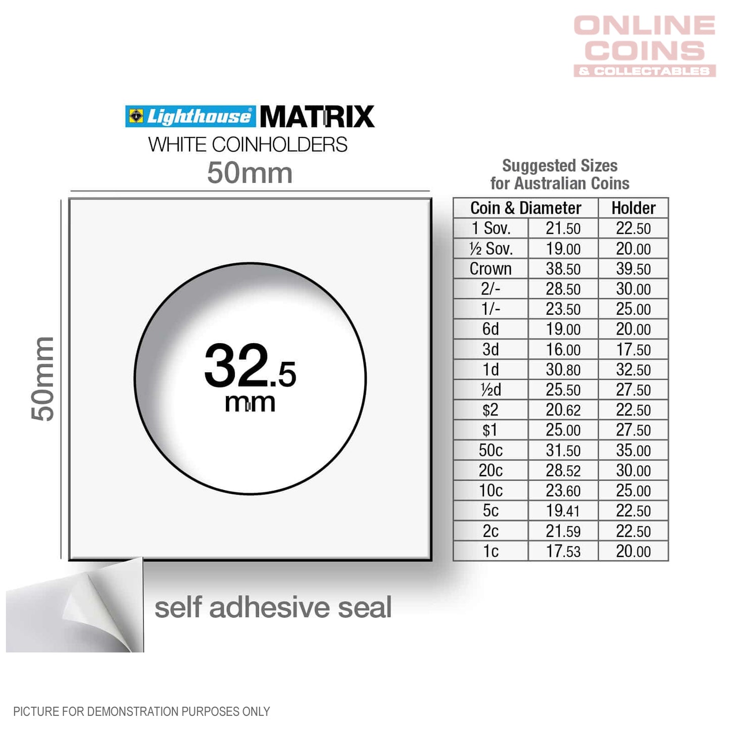 Lighthouse MATRIX WHITE 32.5mm Self Adhesive 2"x2" Coin Holders x 25 - Protection for your Coins (Suitable For Australian ROUND 50c Coins And Pennies)