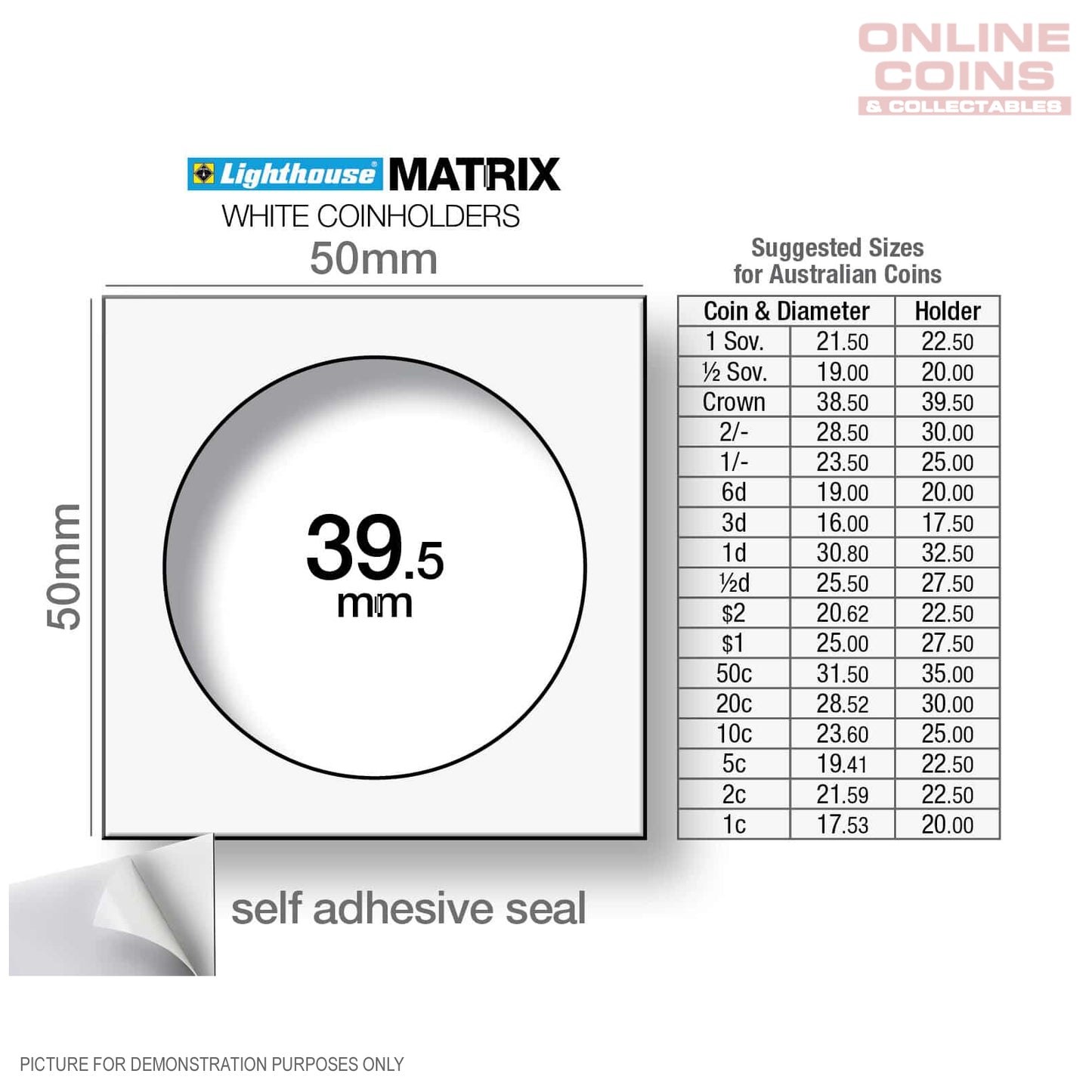 Lighthouse MATRIX WHITE Self-Adhesive Coin Holders x 100, 39.5mm Pack of 100 (Suitable For Australian Crowns)