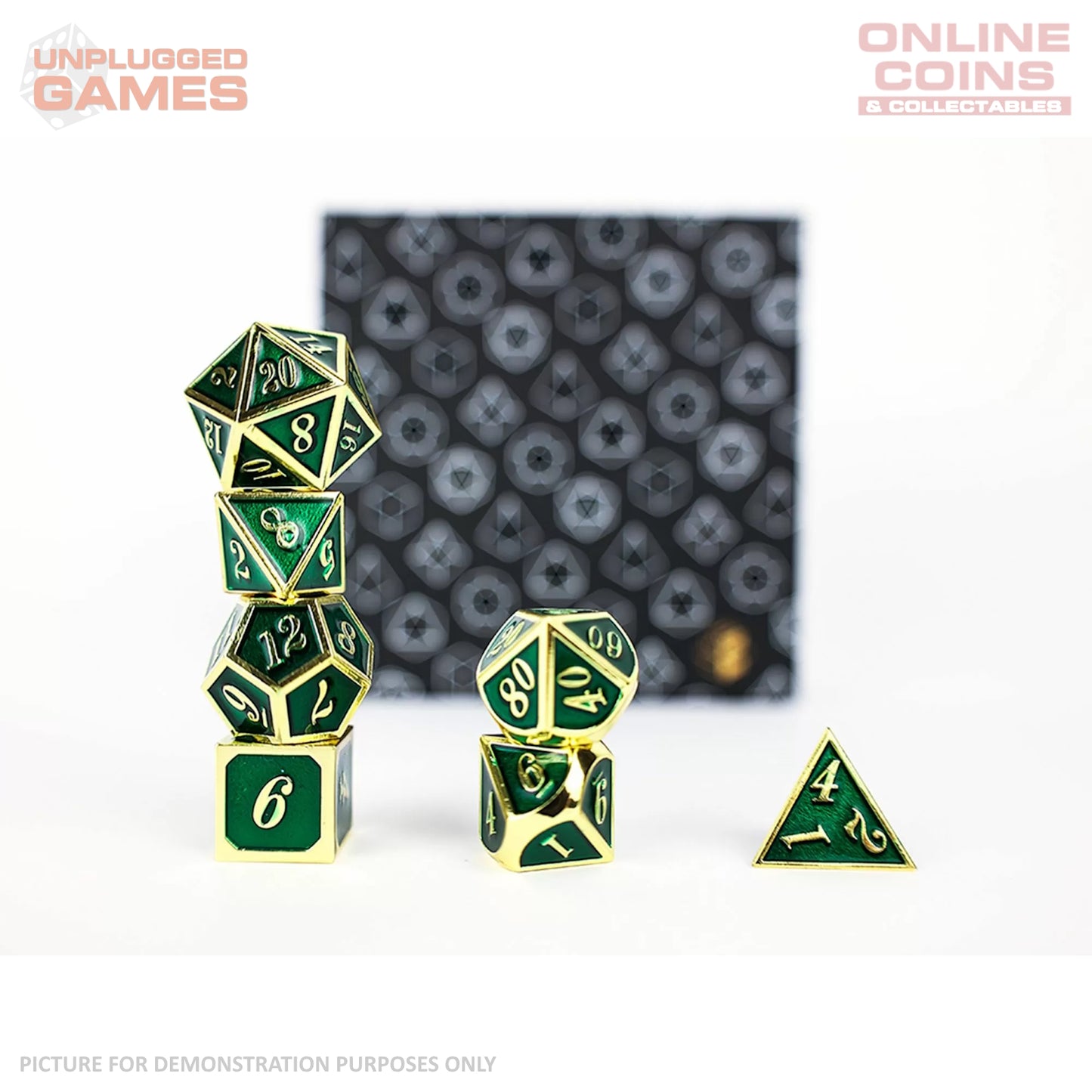 LPG Dice Set - Metal RPG Serif Green/Gold