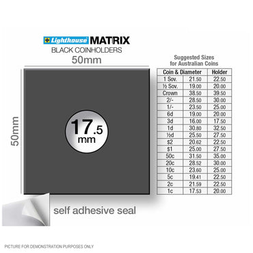 Lighthouse MATRIX BLACK 17.5mm Self Adhesive 2"x2" MATRIX Coin Holders x 25 (Suitable For Australian Threepence Coins)