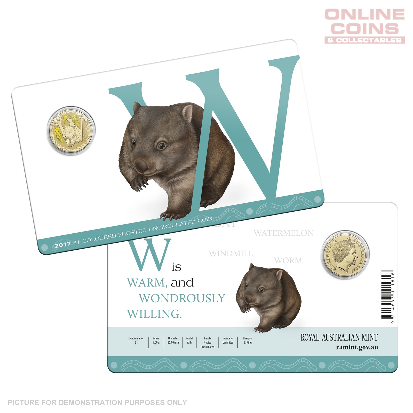 2017 $1 Coloured Alphabet Frosted Uncirculated Coin In Card - W For Wombat