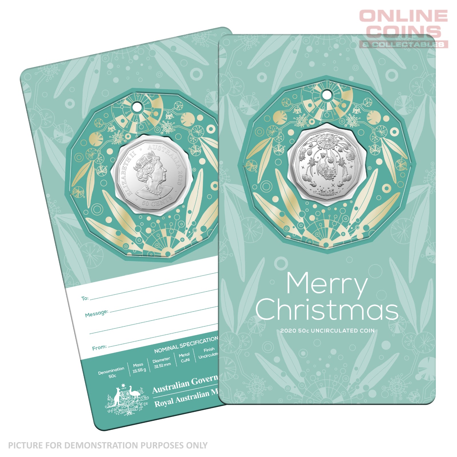 2020 50c CuNi Uncirculated Carded Coin - Christmas Decoration Green