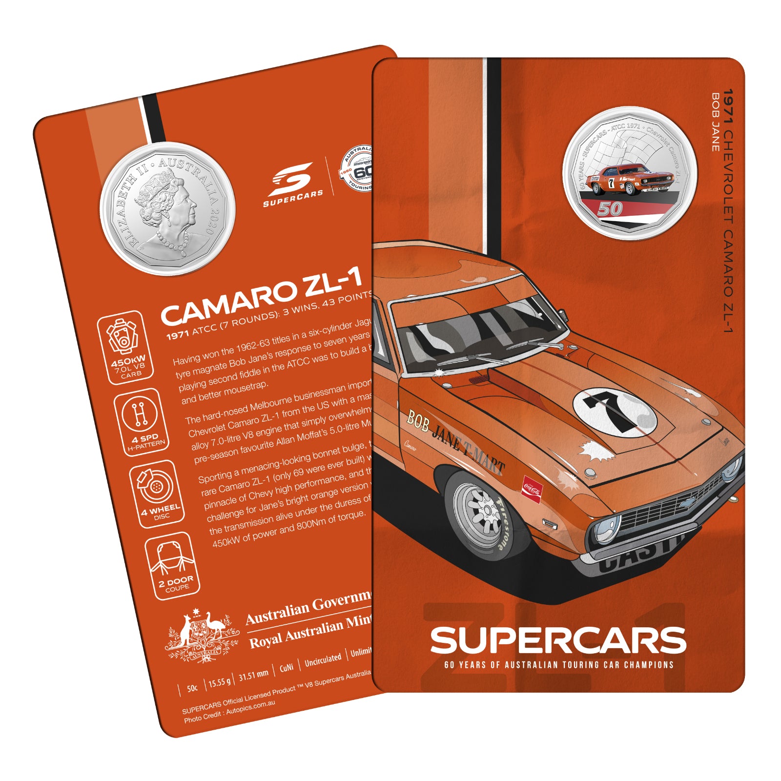 2020 50c CuNi Uncirculated Carded Coin - 60 Years of Supercar Champions Single Coins Chev Camaro