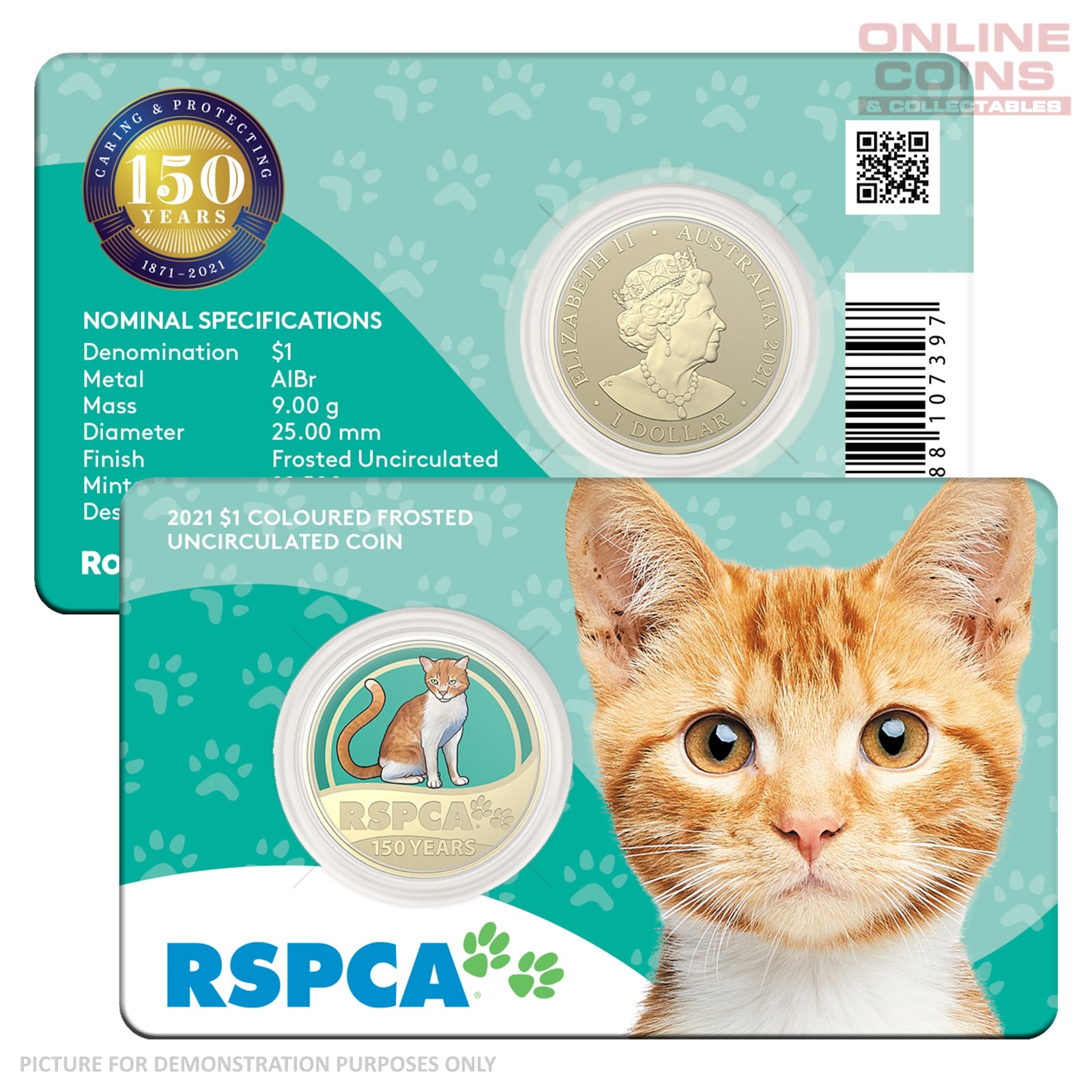 2021 $1 AlBr Coloured Uncirculated Carded Coin - RSPCA Cat