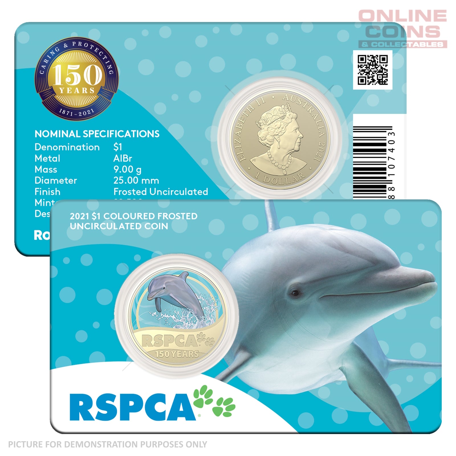 2021 $1 AlBr Coloured Uncirculated Carded Coin - RSPCA Dolphin