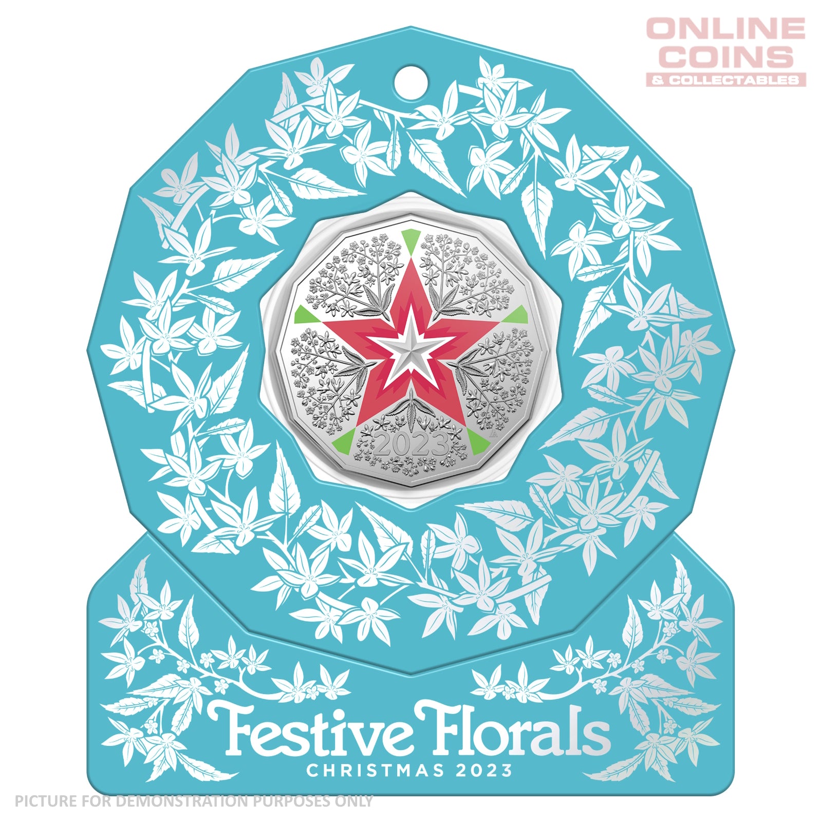 2023 50c CuNi Coloured Uncirculated Carded Coin - Christmas Decoration Festive Floral BLUE