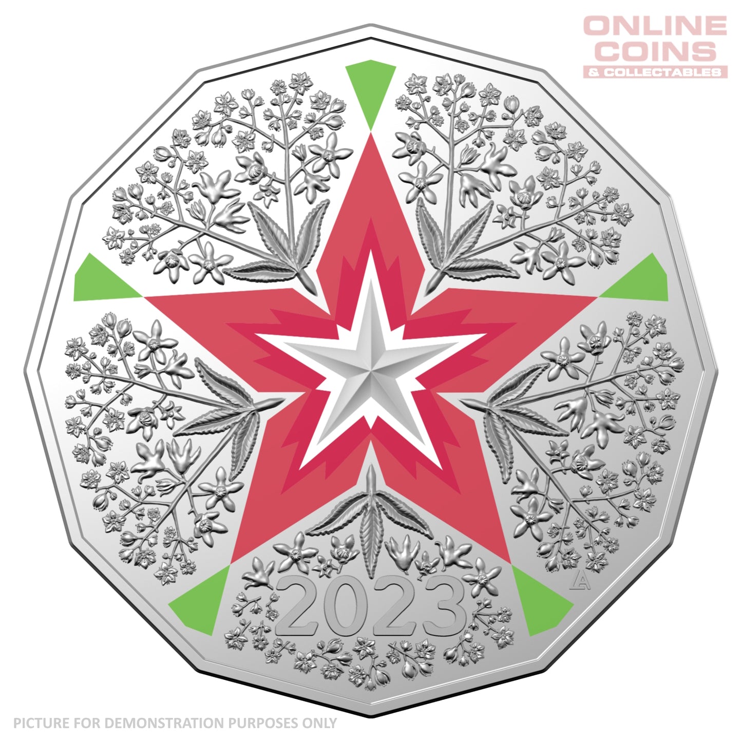 2023 50c CuNi Coloured Uncirculated Carded Coin - Christmas Decoration Festive Floral RED