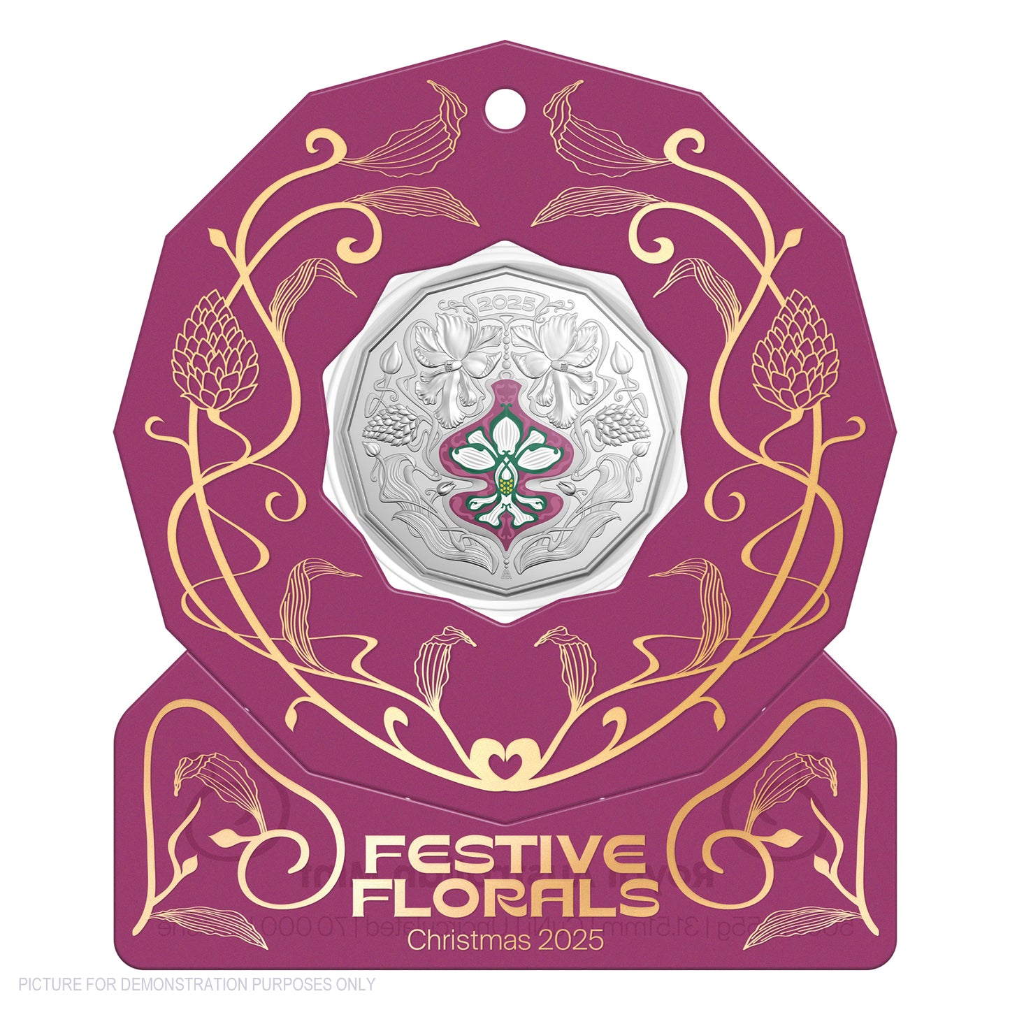 2025 RAM 50c Coloured Uncirculated Coin - Christmas Festive Florals - PURPLE Packaging