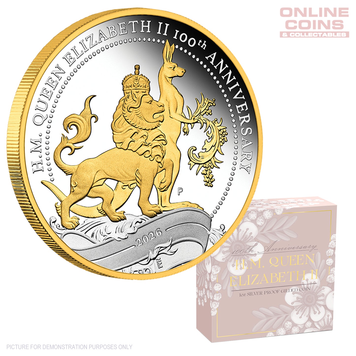 2026 Perth Mint QEII 100th Bday Florin 1oz Silver Proof Gilded Coin
