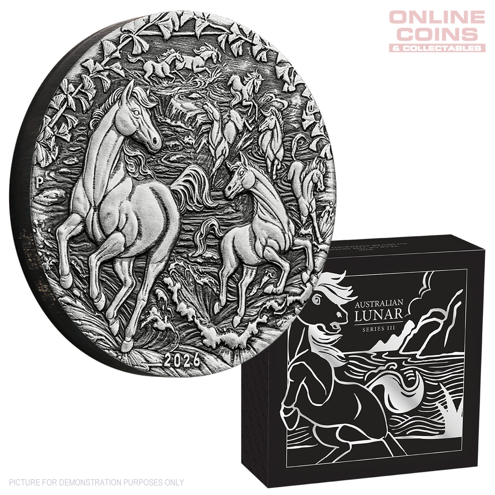 2026 Perth Mint 2oz Silver Aniqued Coin - Australian Lunar Series III – Year of the Horse