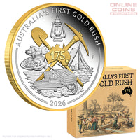 2026 Perth Mint 1oz Silver Proof Gilded Coin - First Gold Rush 175th Anniversary