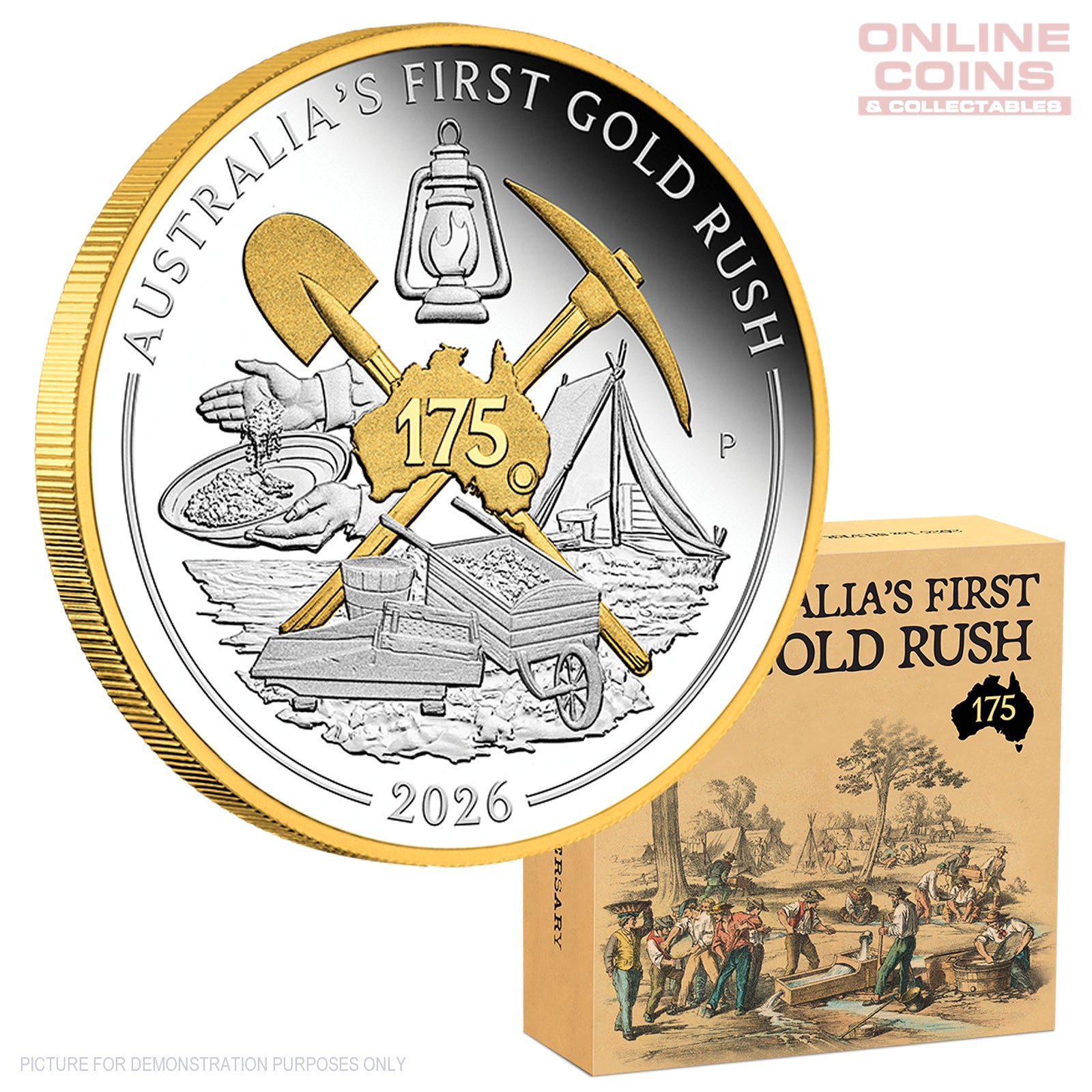 2026 Perth Mint 1oz Silver Proof Gilded Coin - First Gold Rush 175th Anniversary