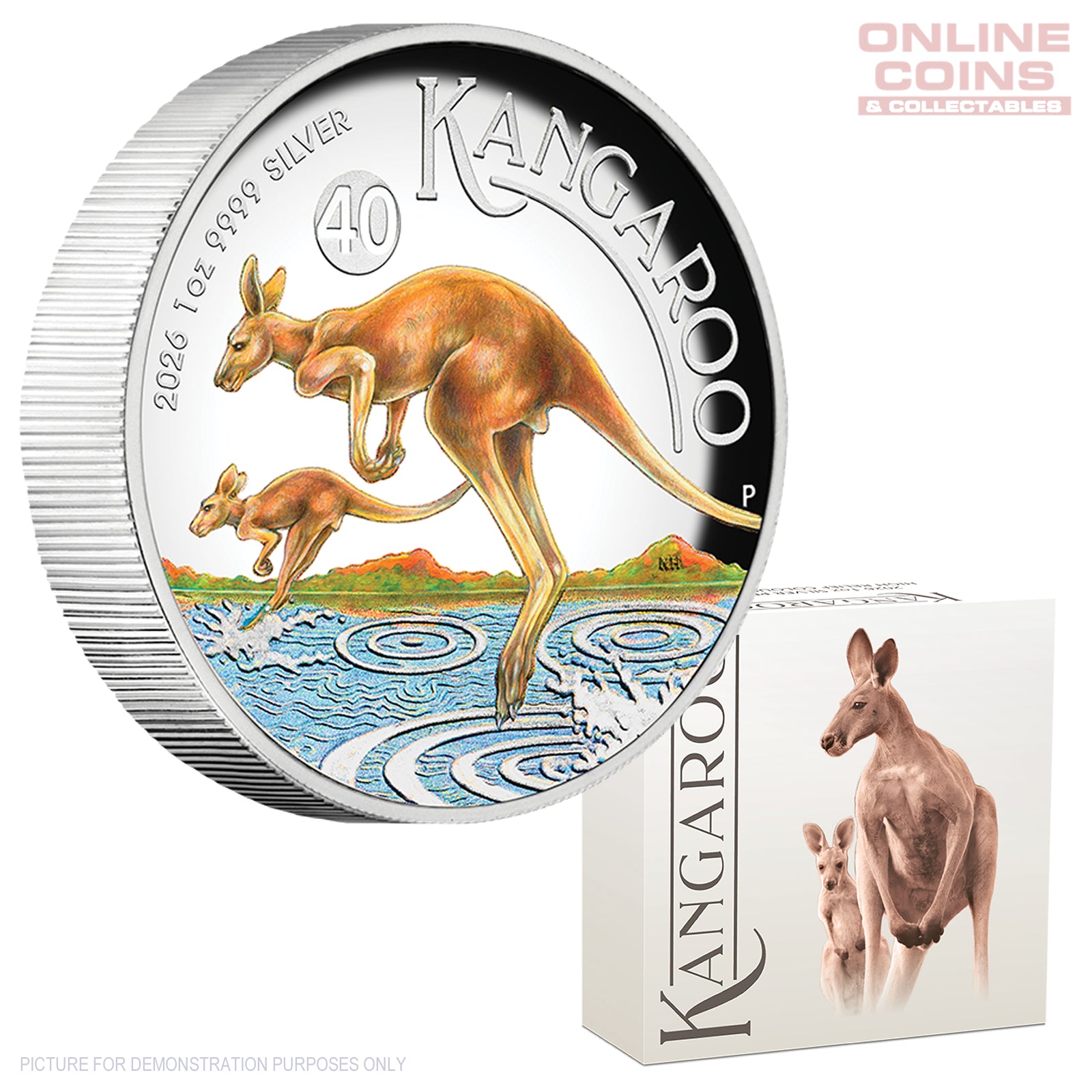 2026 Perth Mint 1oz Silver Proof High Relief Coloured Coin - Australian Kangaroo