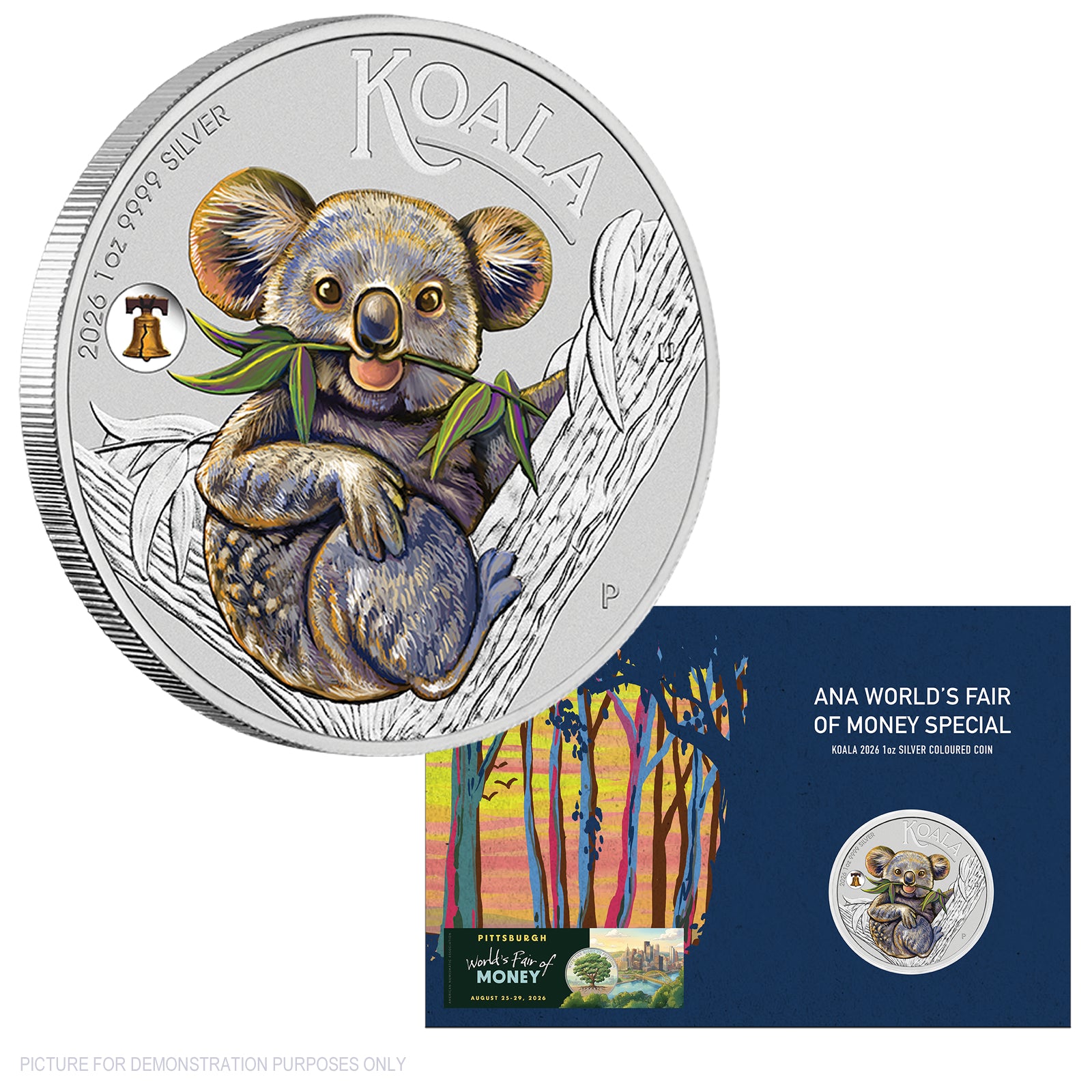 2026 Perth Mint Australian Koala with Liberty Bell Privy 1oz Silver Coloured Coin - ANA Coin Show