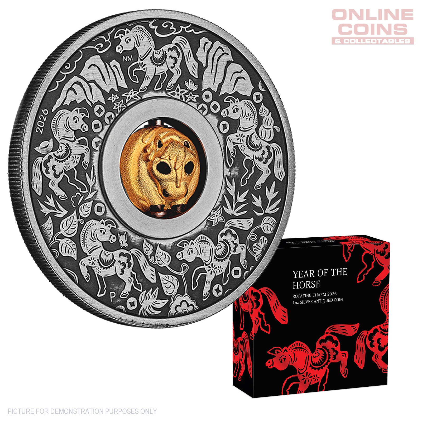 2026 Perth Mint Year of the Horse Rotating Bead Silver Antiqued Coin