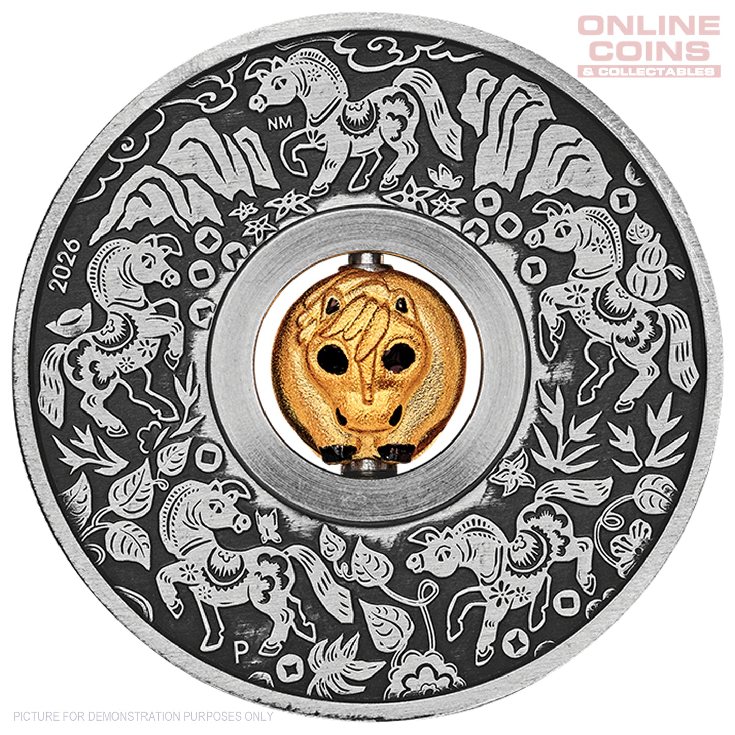 2026 Perth Mint Year of the Horse Rotating Bead Silver Antiqued Coin
