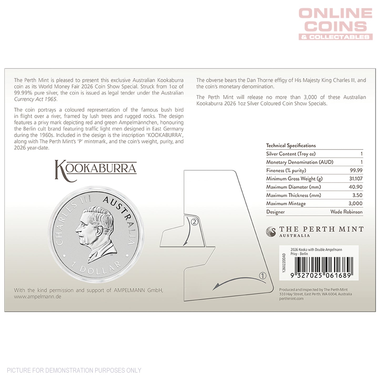 2026 Perth Mint WMF Australian Kookaburra 1oz Silver Coloured Coin with Double Ampelmann Privy