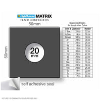 Lighthouse MATRIX BLACK 20mm Self Adhesive 2"x2" MATRIX Coin Holders x 25 (Suitable For Australian 1c, 5c, Sixpence And Half Sovereigns)