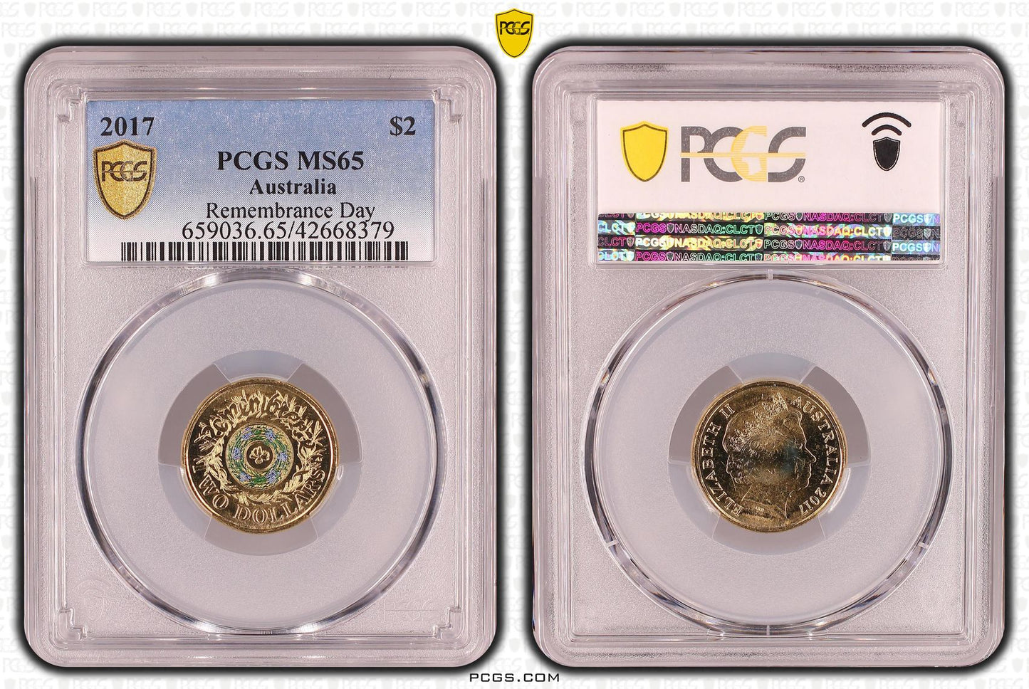 2017 $2 Coloured Remembrance Day Rosemary PCGS Graded Coin MS65