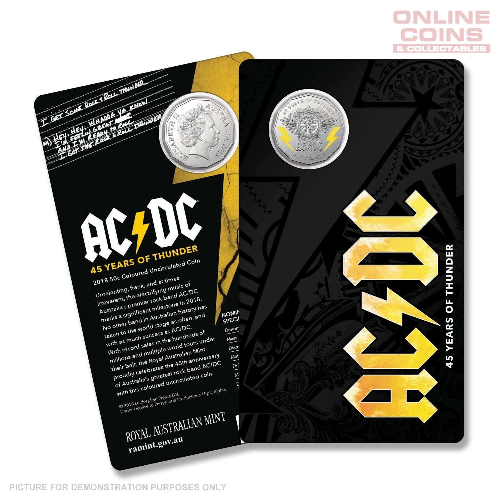 2018 Royal Australian Mint - AC/DC 45 Years of Thunder - Uncirculated 50c Carded Coin