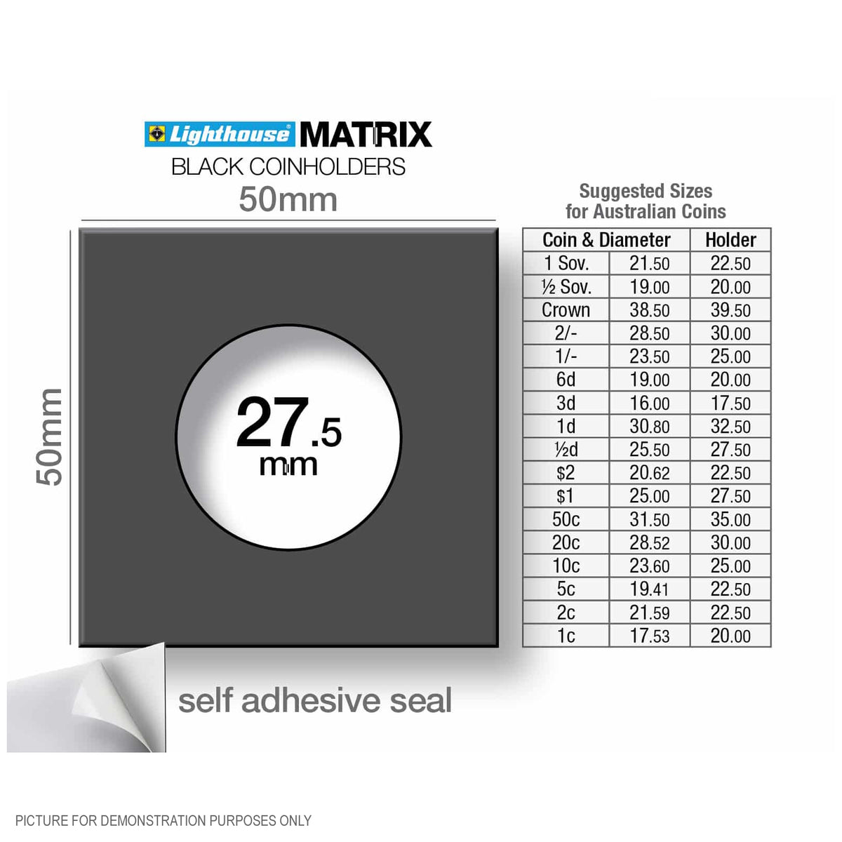 Lighthouse MATRIX BLACK 27.5mm Self Adhesive 2"x2" MATRIX Coin Holders x 25 (Suitable For Australian $1 Coins and Half-Pennies)