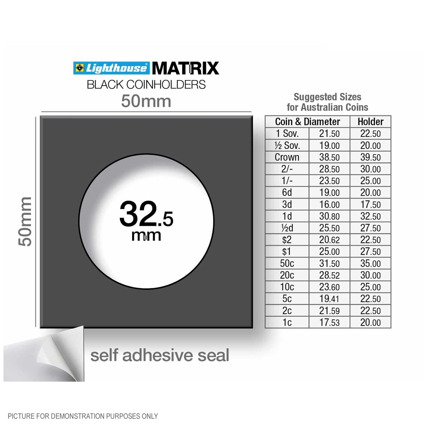 Lighthouse MATRIX BLACK 32.5mm Self Adhesive 2"x2" MATRIX Coin Holders x 25 (Suitable For Australian ROUND 50c Coins And Pennies)