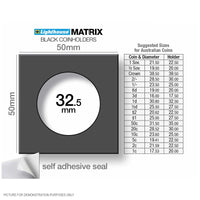 Lighthouse MATRIX BLACK 32.5mm Self Adhesive 2"x2" MATRIX Coin Holders x 25 (Suitable For Australian ROUND 50c Coins And Pennies)