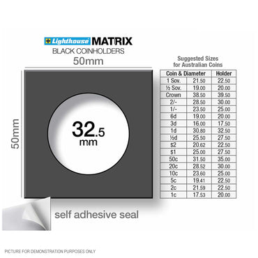 Lighthouse MATRIX BLACK 32.5mm Self Adhesive 2"x2" MATRIX Coin Holders x 25 (Suitable For Australian ROUND 50c Coins And Pennies)