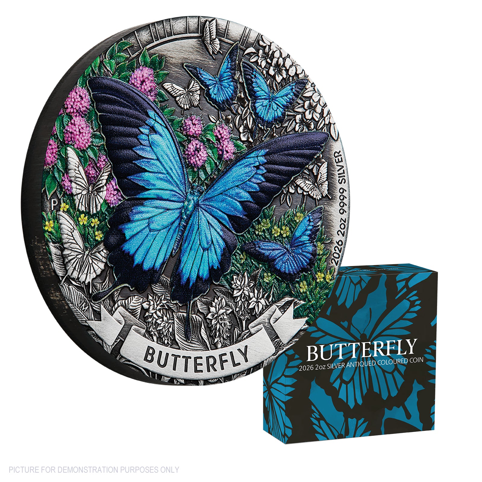 2026 Perth Mint 2oz Silver Antiqued Coloured Coin - Butterfly
