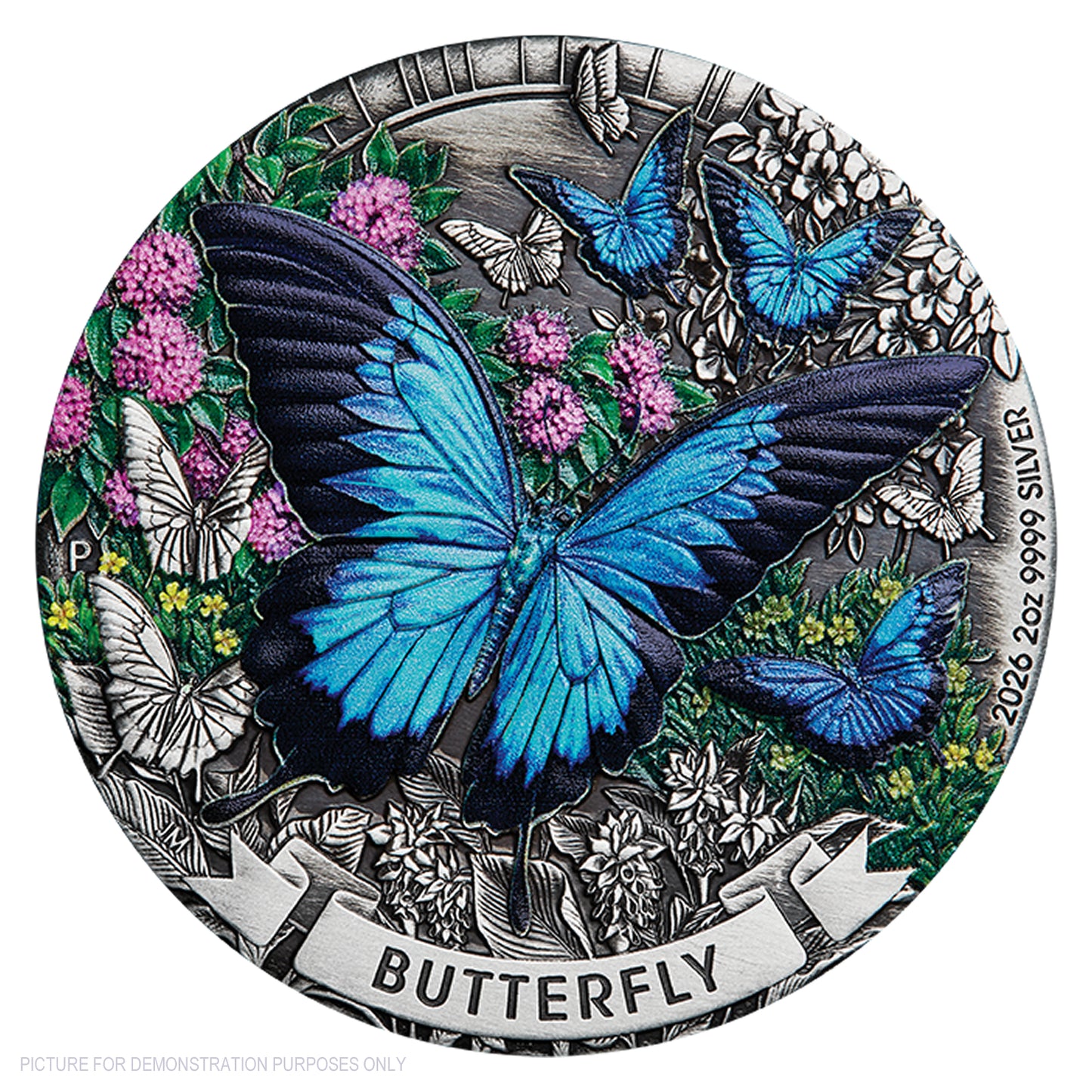 2026 Perth Mint 2oz Silver Antiqued Coloured Coin - Butterfly