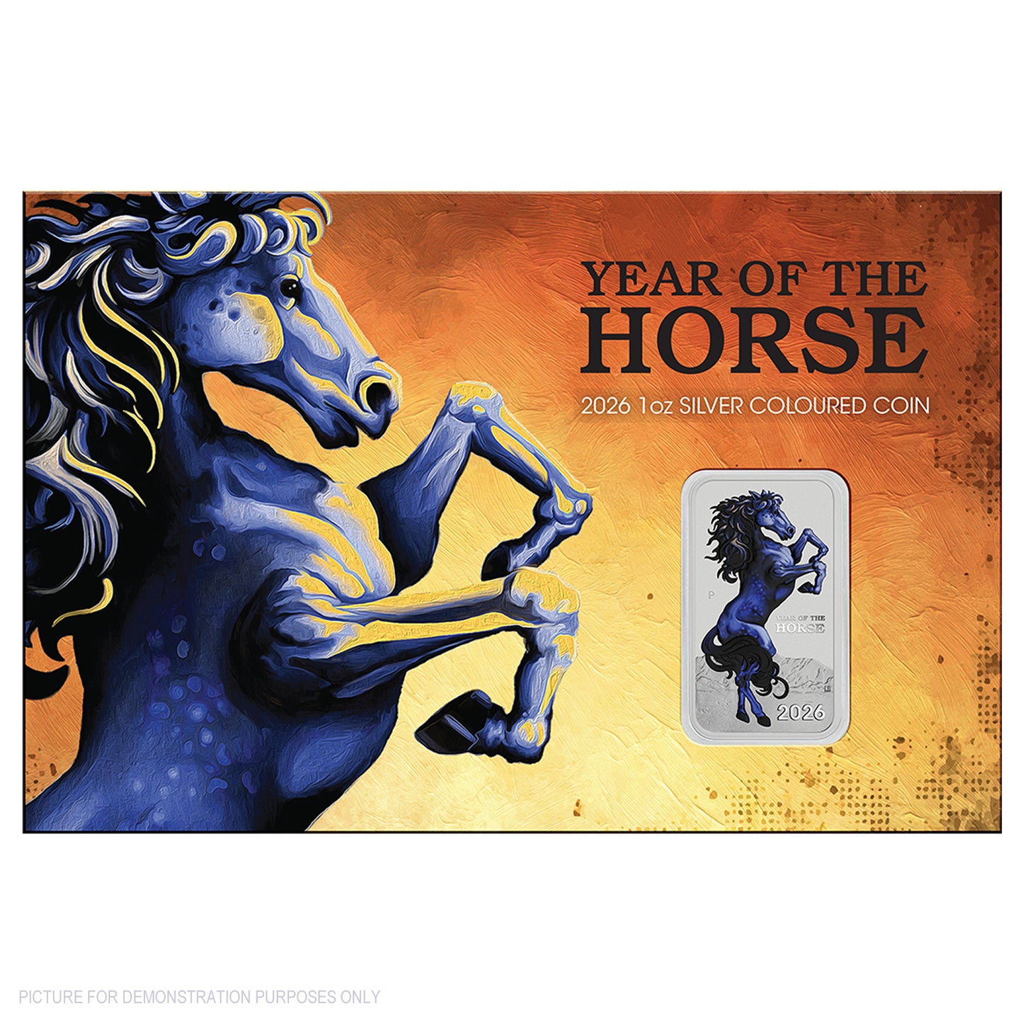 2026 Perth Mint 1oz Silver Bullion Coloured Minted Rectangular Coin In Card - Lunar Hirse