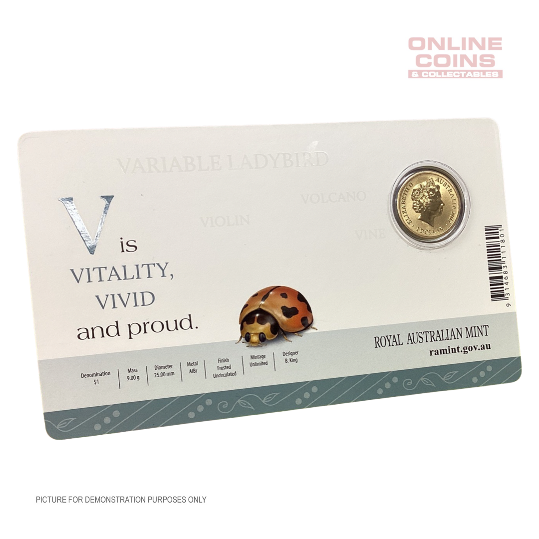 2017 $1 Coloured Alphabet Frosted Coin In Card - V For Variable Ladybug