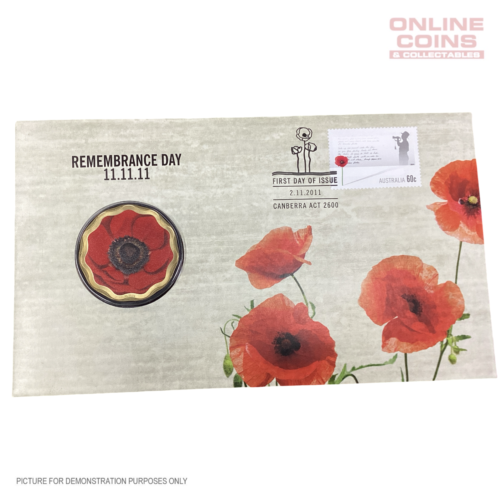 2011 $5 UNC Coloured coin and stamp - 11.11.11 Remembrance Day PNC