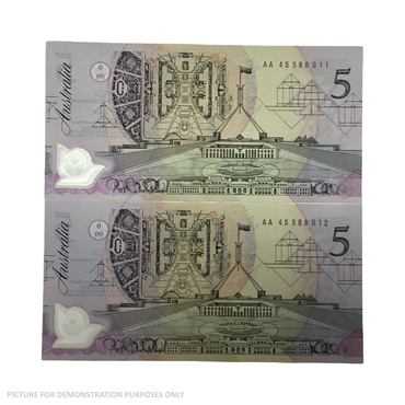 1992 AUNC $5 Cole/Fraser Polymer Notes - Sequnetial Pair (Australia)