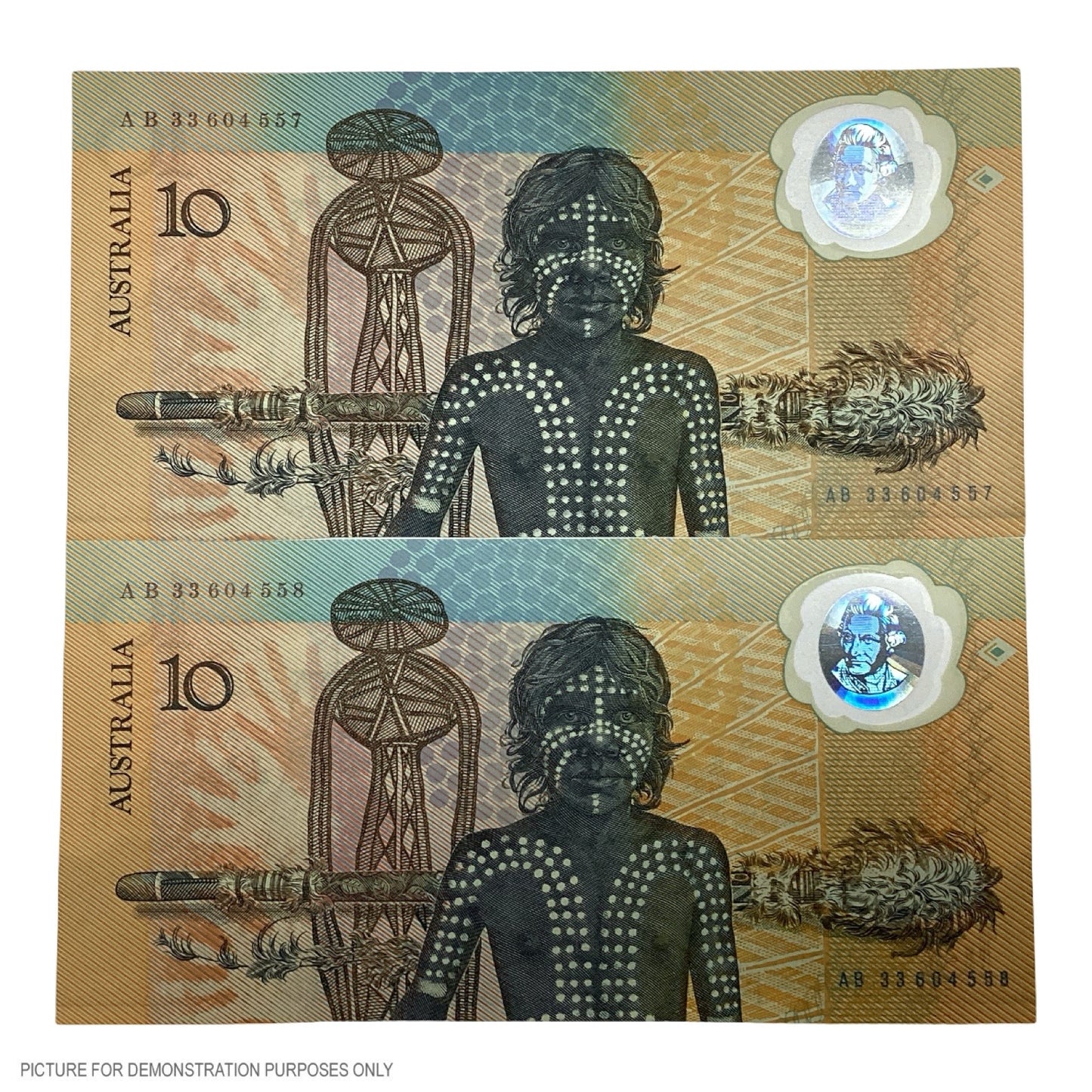 1988 AUNC $10 Johnston/Fraser Bicentenary Polymer Note - Sequnetial Pair