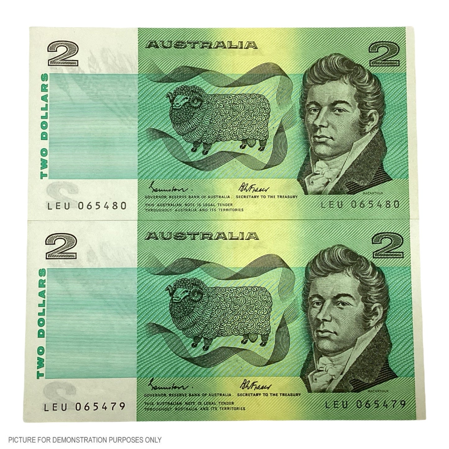 1985 EF $2 Johnston/Fraser Paper Notes - Sequential Pair (Australia)