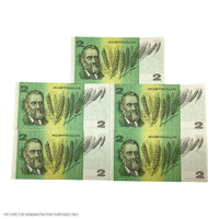 1985 EF $2 Johnston/Fraser Paper Notes - 5 Sequential Notes (Australia)