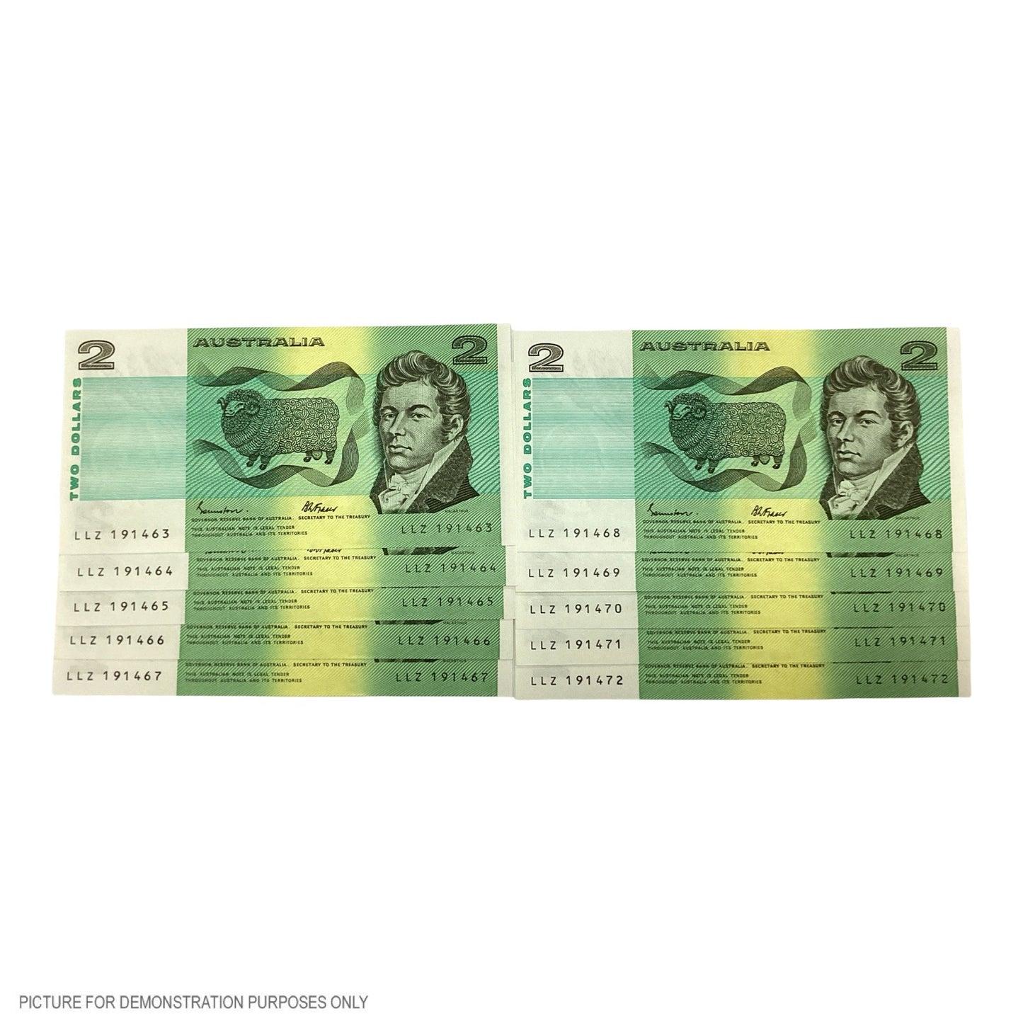 1985 AUNC $2 Johnston/Fraser Paper Note - 10 Consecutive Notes (Australia)