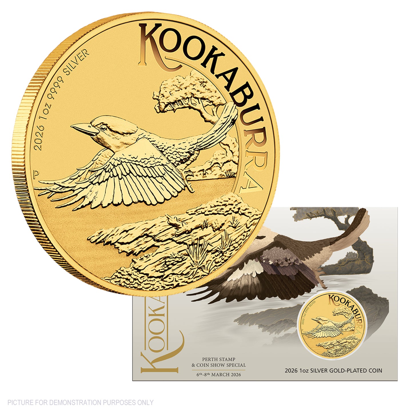 2026 Perth Mint Kookaburra 2026 1oz Silver Gold-Plated Coin in Card - Perth Stamp & Coin Show